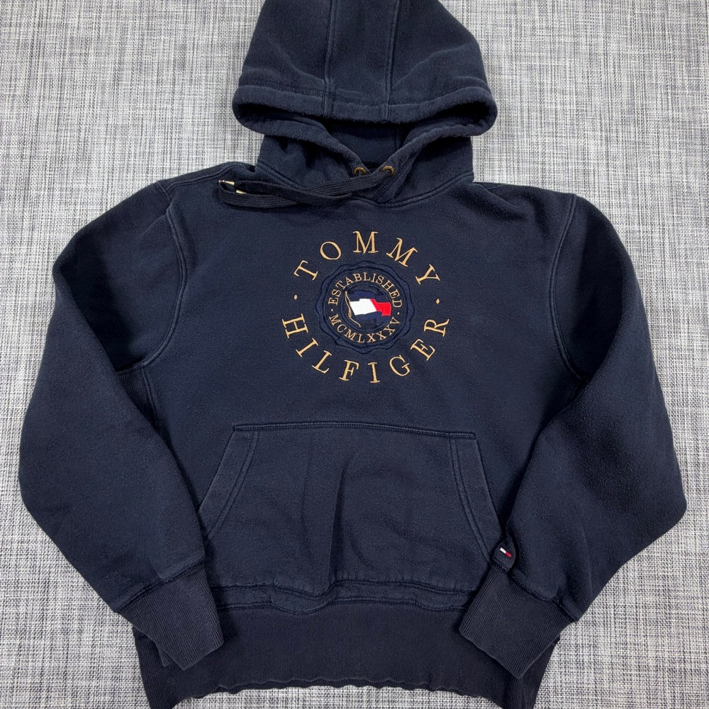 Tommy Hilfiger Mens Hoodie M Navy Circular Logo Cotton Blend Pullover Sweatshirt